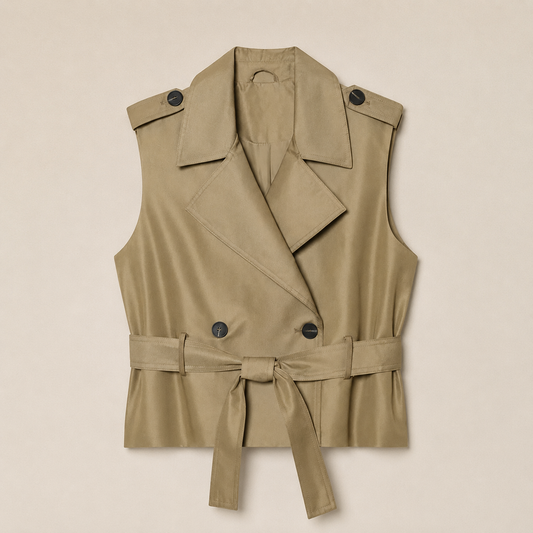 A sleeveless beige trench-style vest with a belted waist and flap collar, laid flat against a light beige background.
