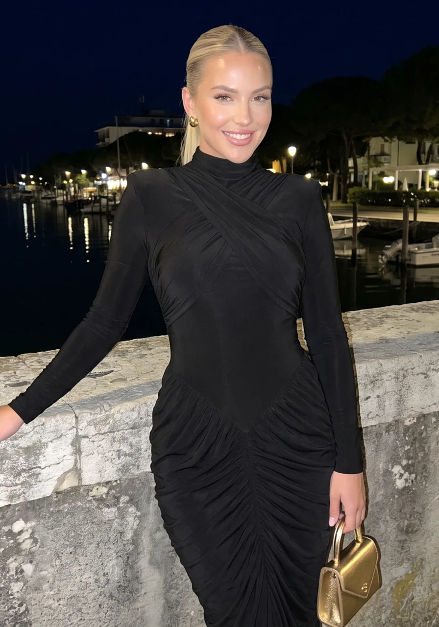 Aria Long Sleeve Draped Maxi Dress Black