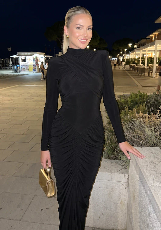 Aria Long Sleeve Draped Maxi Dress Black