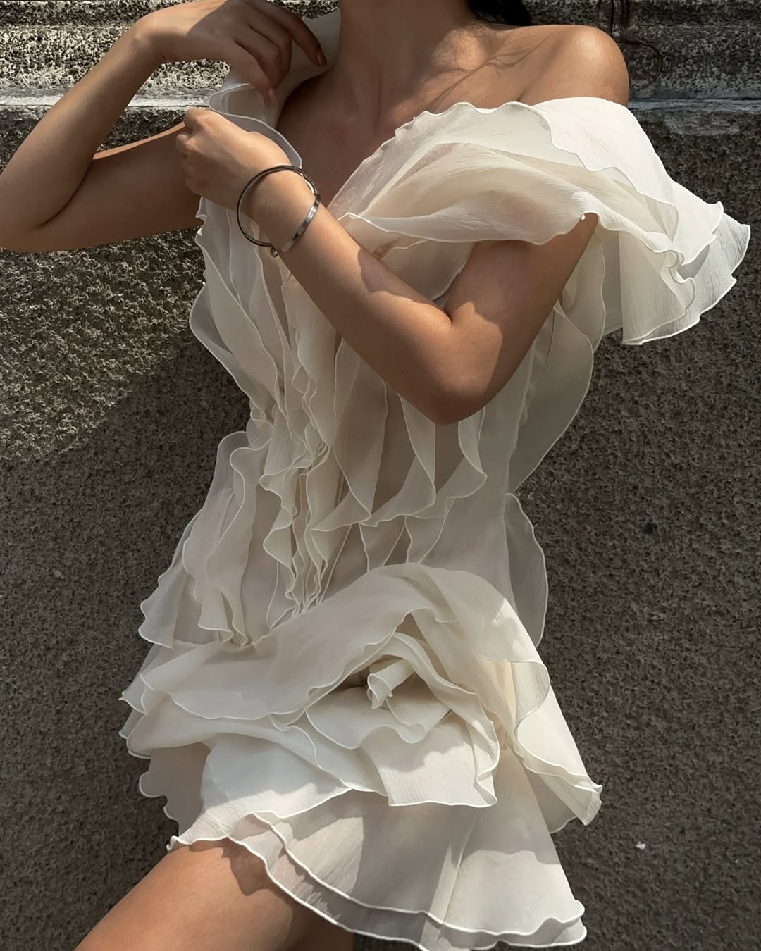 MILANO RUFFLE MINI DRESS CHAMPAGNE