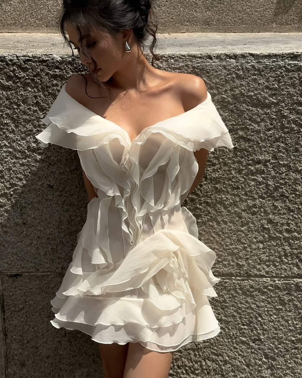 MILANO RUFFLE MINI DRESS CHAMPAGNE