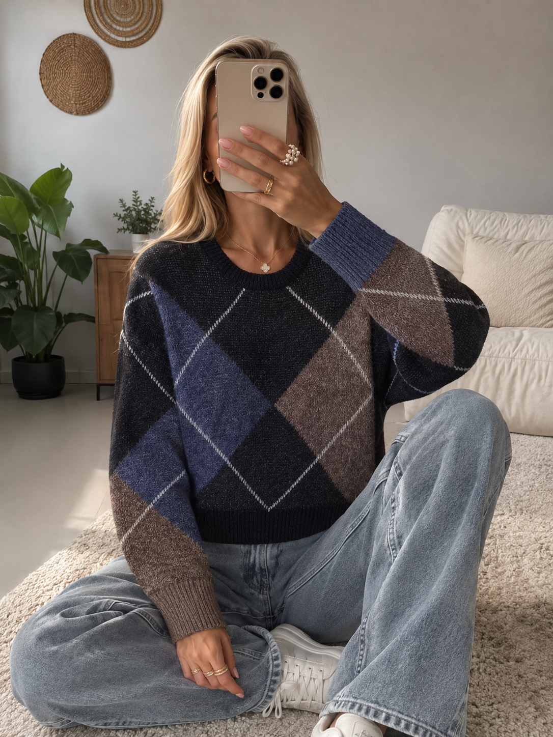 Alene Oversized Argyle Knit Sweater