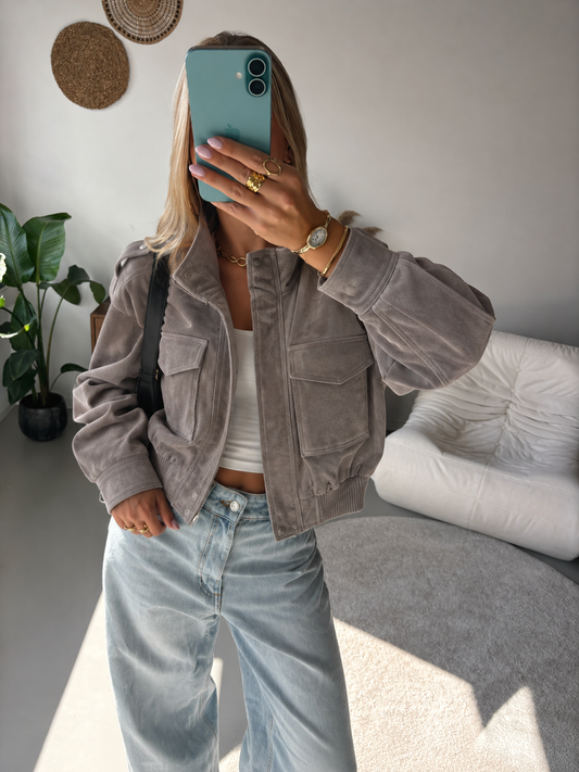 Hannah Cropped Suede Bomber Jacket
