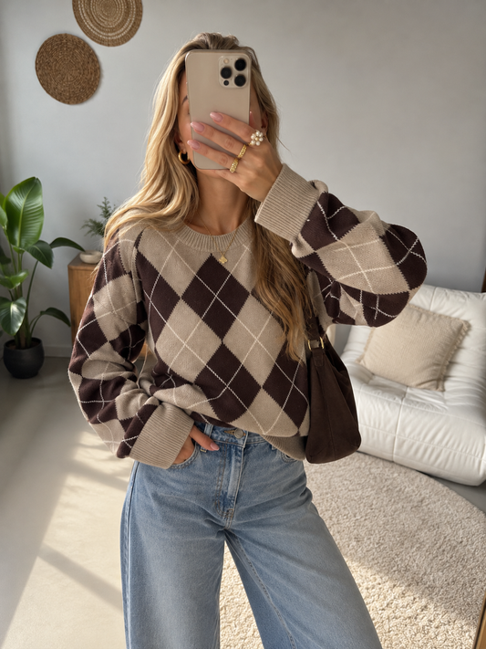 Maida Argyle Knit Crewneck Sweater