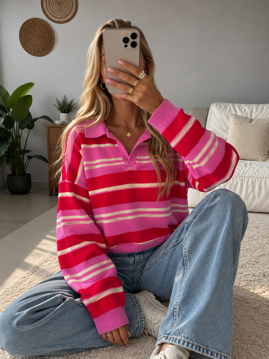 Joelene Striped Polo Collar Knit Sweater