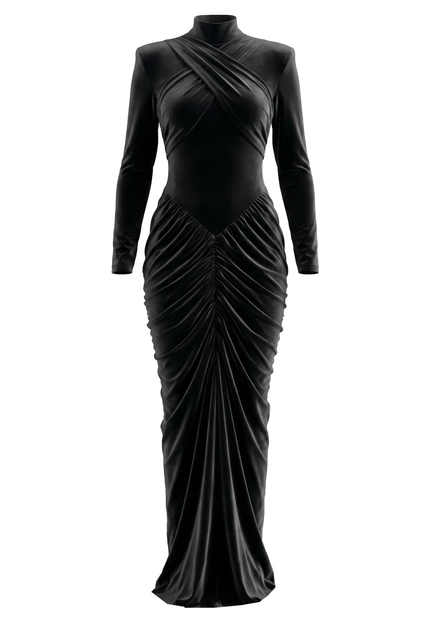 Aria Long Sleeve Draped Maxi Dress Black