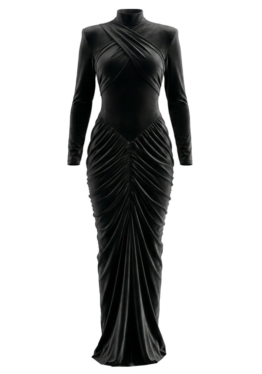 Aria Long Sleeve Draped Maxi Dress Black