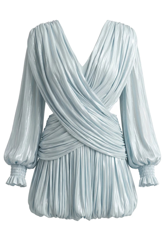 Mila Pleated Wrap Mini Dress Light Blue