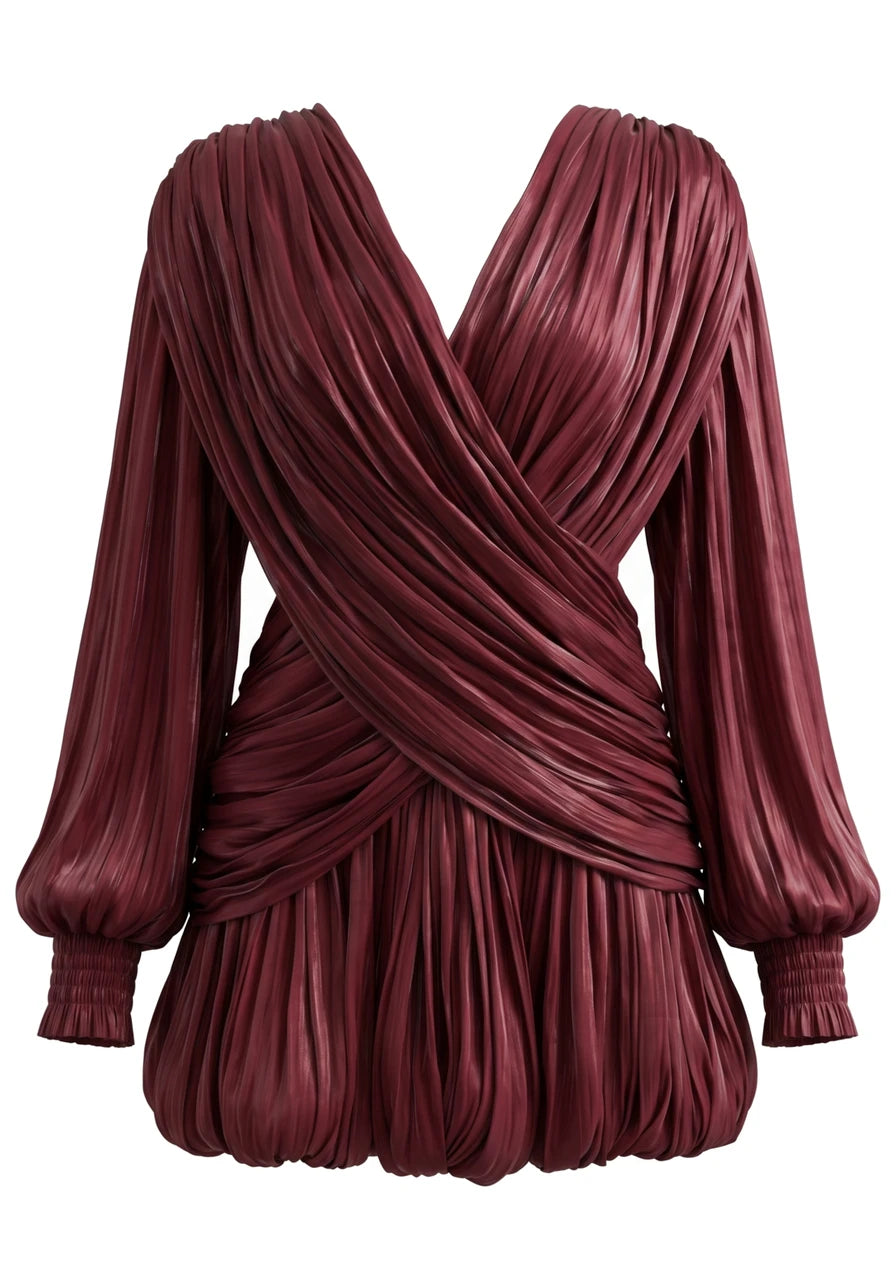 Mila Pleated Wrap Mini Dress Burgundy