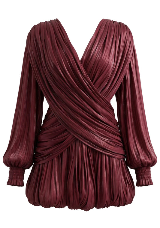 Mila Pleated Wrap Mini Dress Burgundy