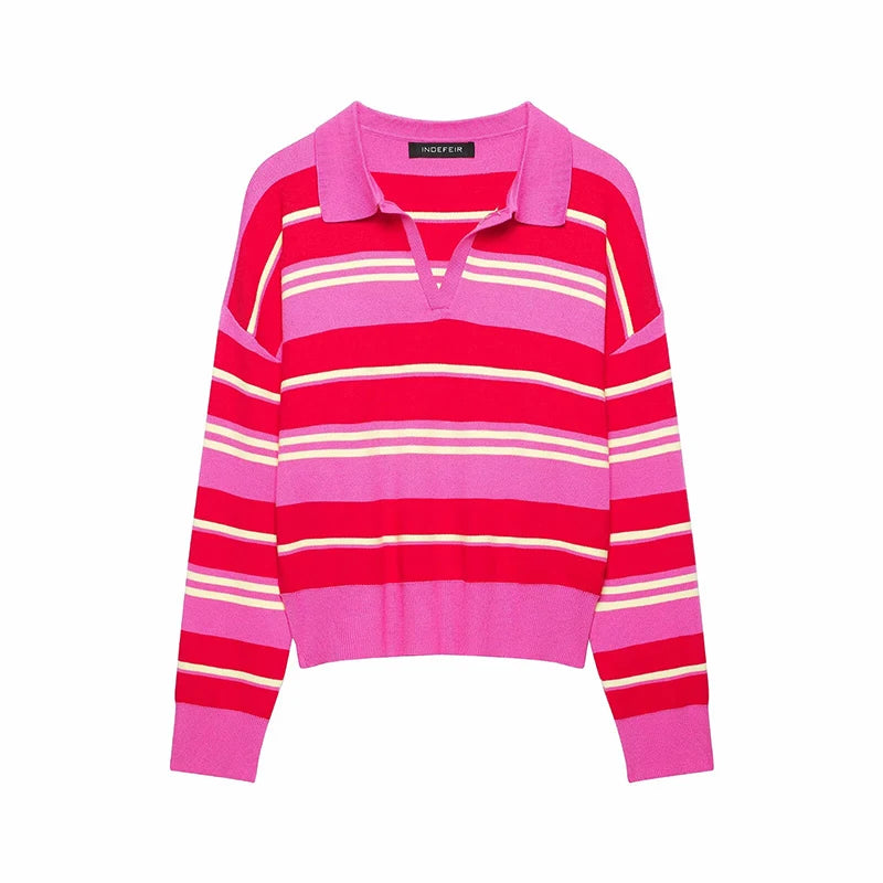 Joelene Striped Polo Collar Knit Sweater