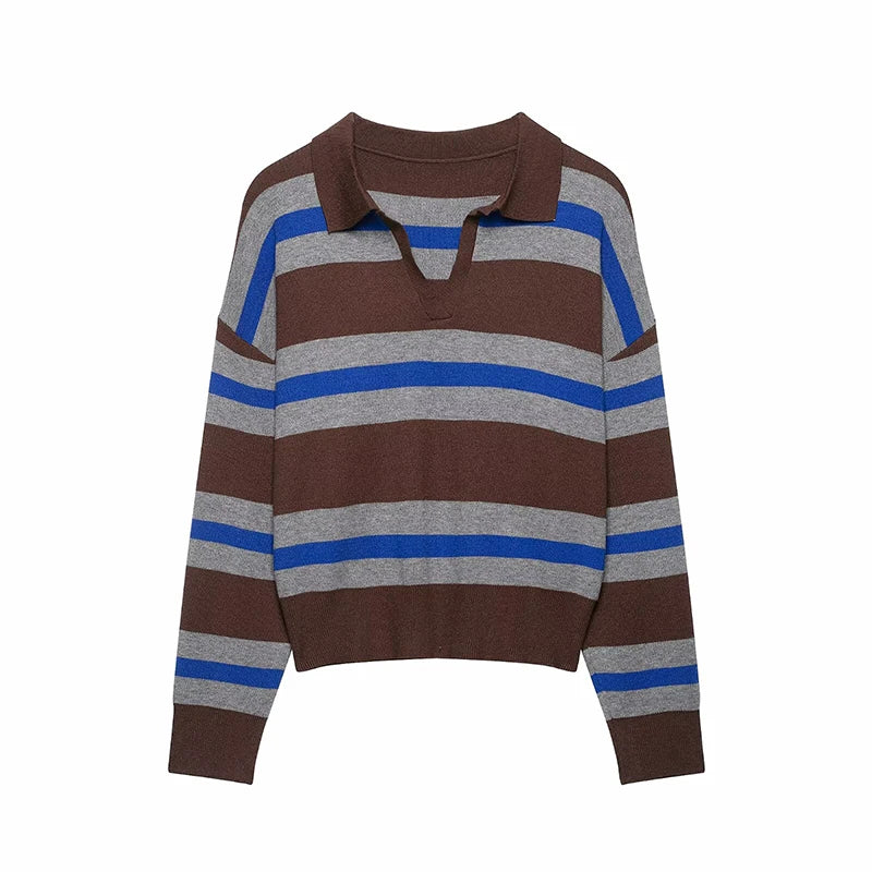 Joelene Striped Polo Collar Knit Sweater