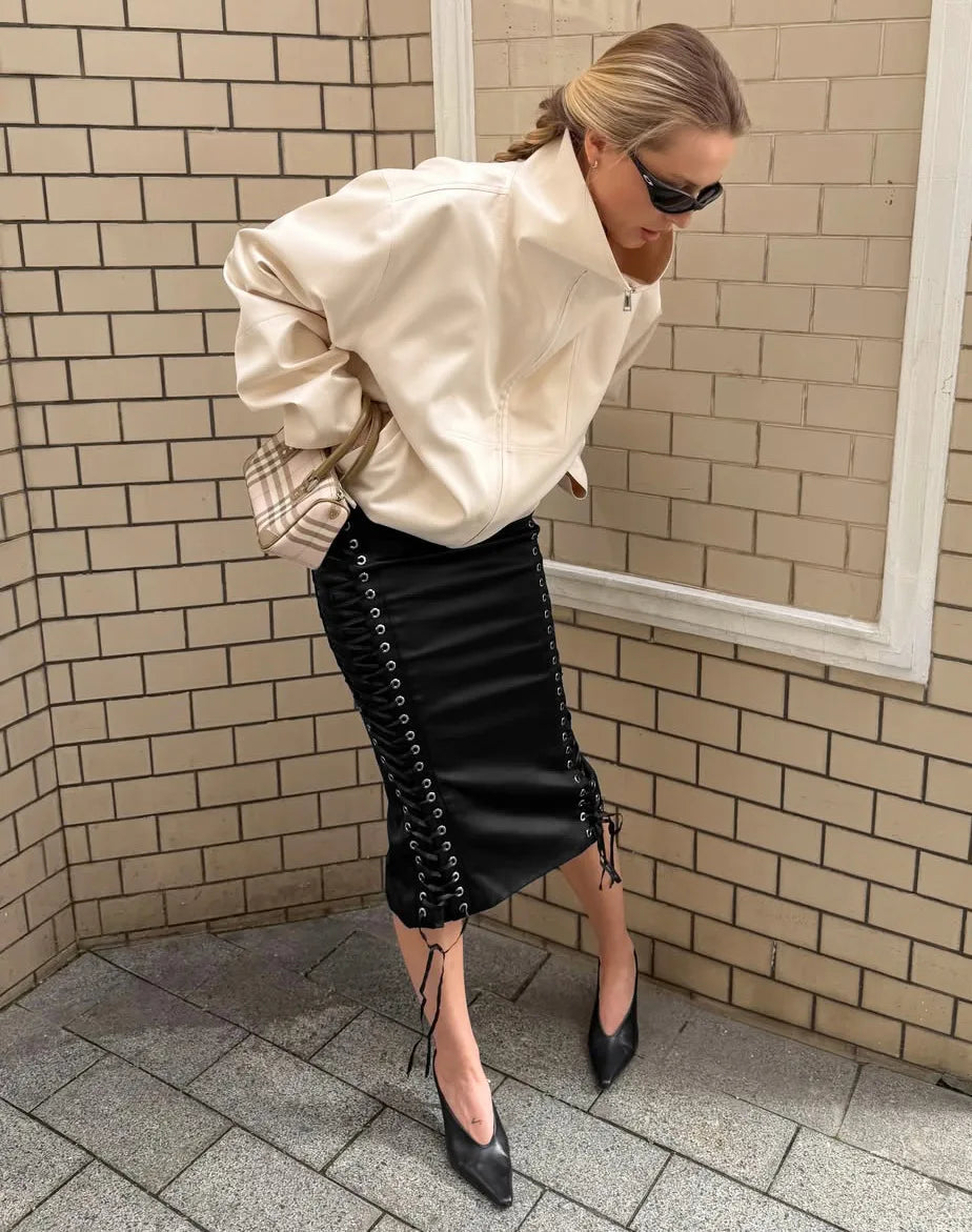 NINA SATIN LACE UP MIDI SKIRT