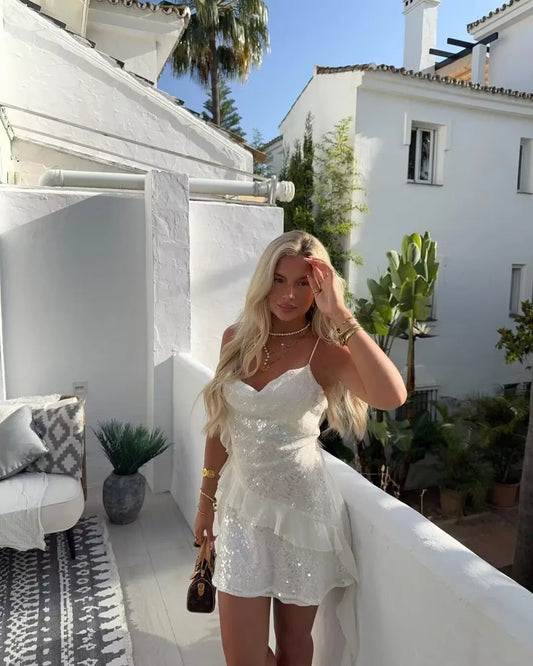 LELI SEQUIN RUFFLE MINI DRESS