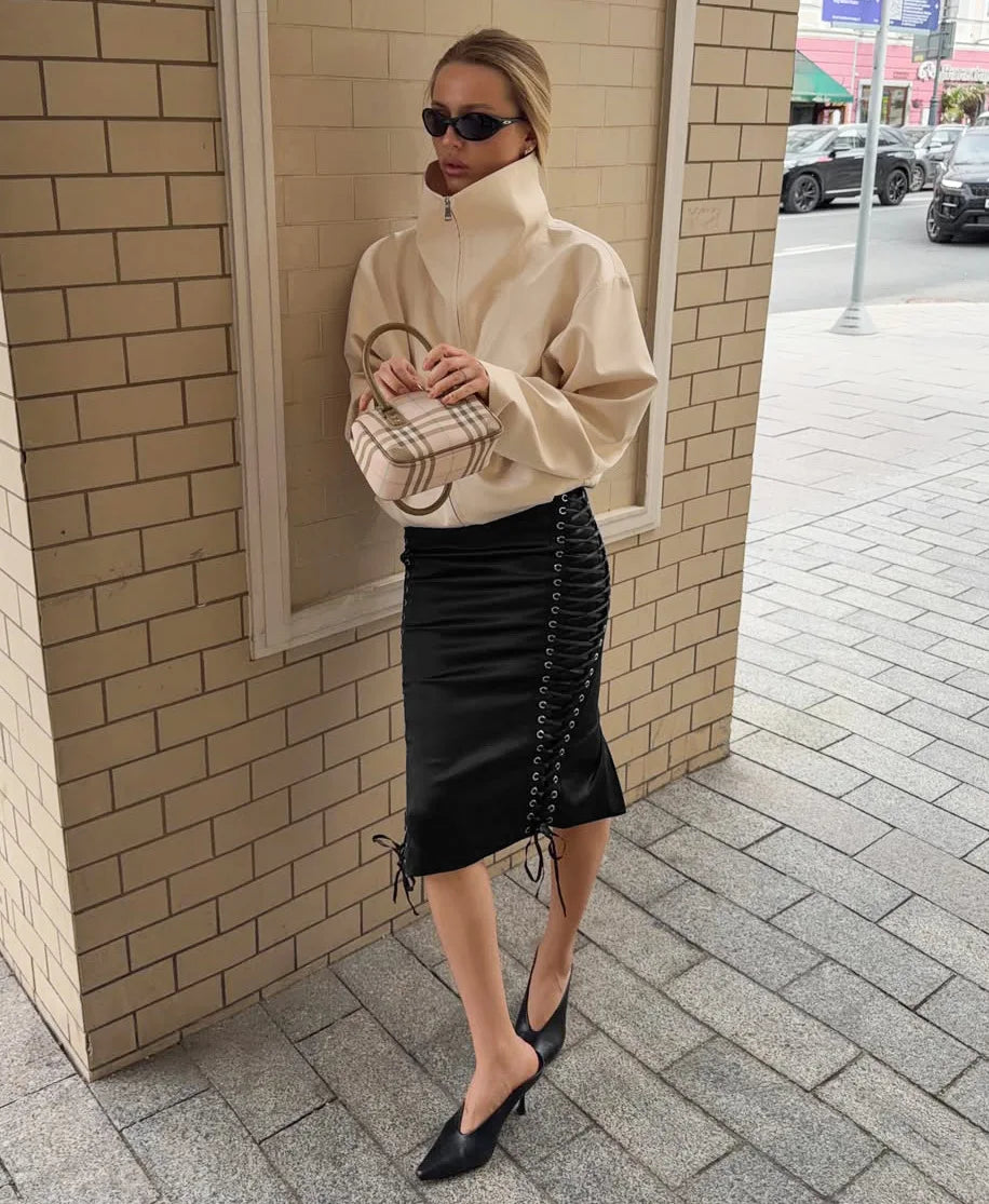NINA SATIN LACE UP MIDI SKIRT