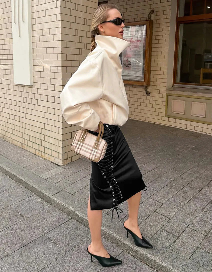 NINA SATIN LACE UP MIDI SKIRT