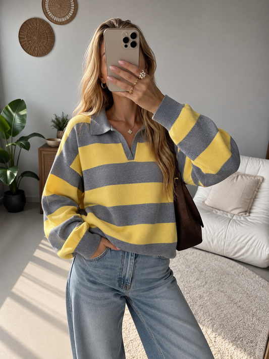 Joelene Striped Polo Collar Knit Sweater