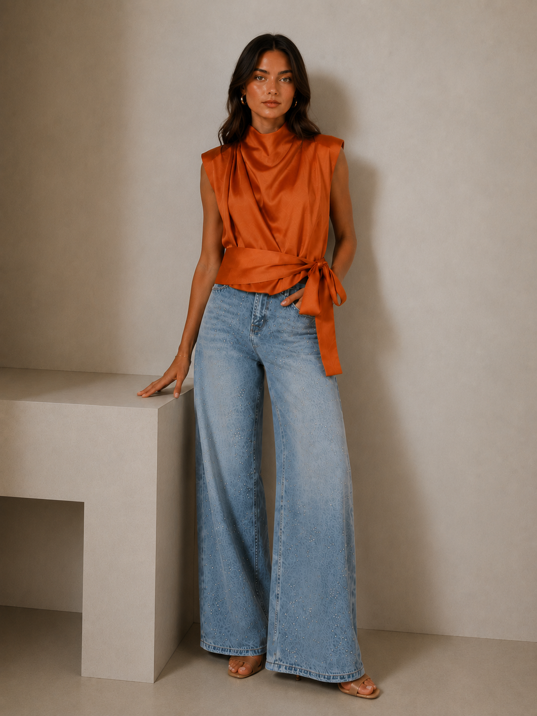 A woman stands indoors wearing a sleeveless draped orange top with a side tie and light blue wide-leg jeans, posed beside a minimalist beige platform against a neutral wall.