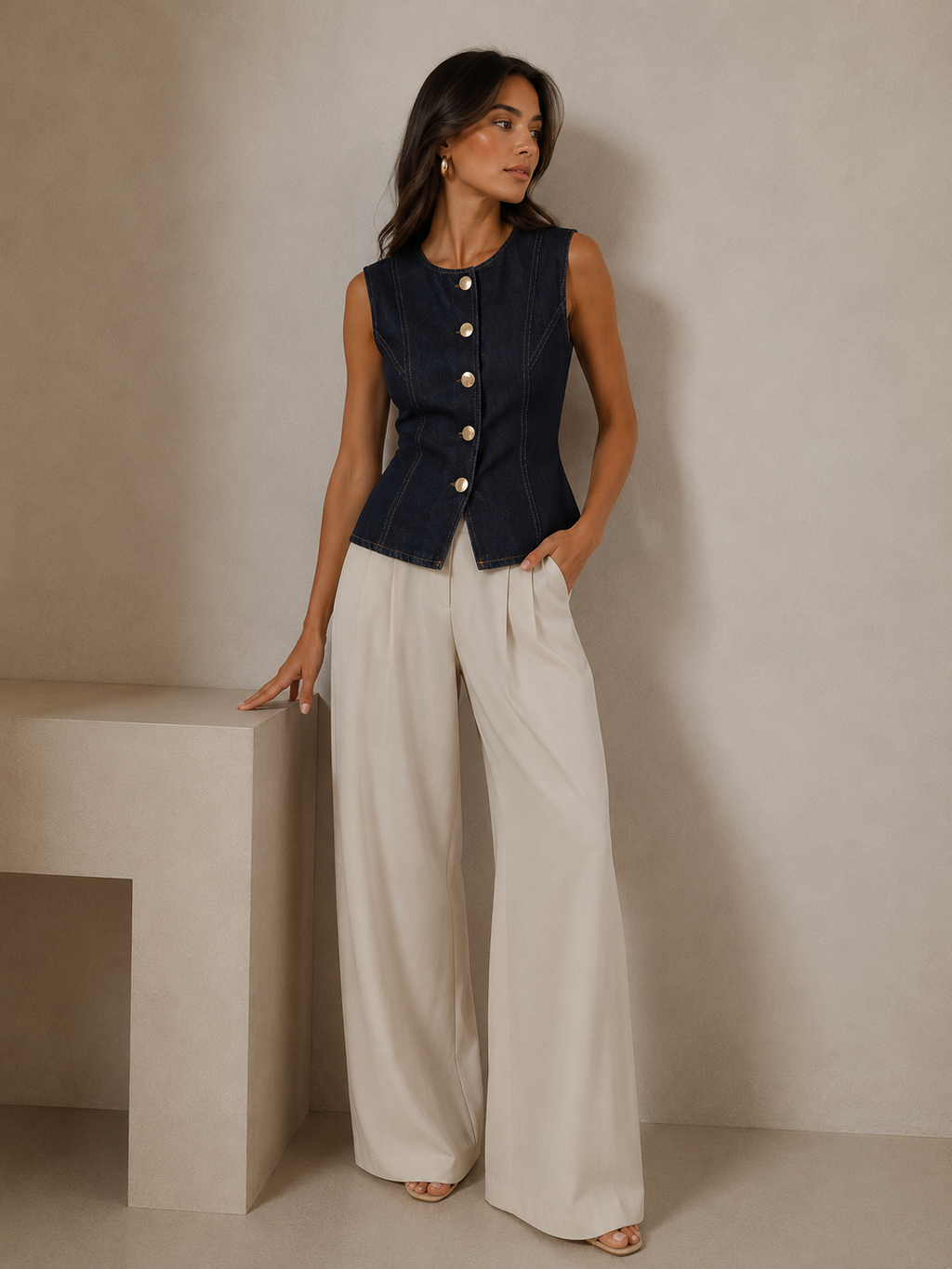 A woman models a sleeveless dark navy vest with gold buttons and high-waisted, wide-leg off-white trousers, standing in a minimalist studio setting with a beige textured wall and a concrete block.