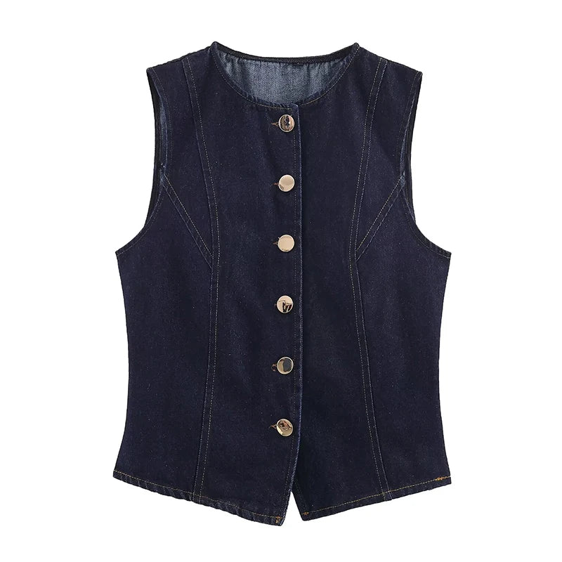 A dark indigo denim vest with a round neckline, front button closure, and contrast stitching, shown against a plain white background.