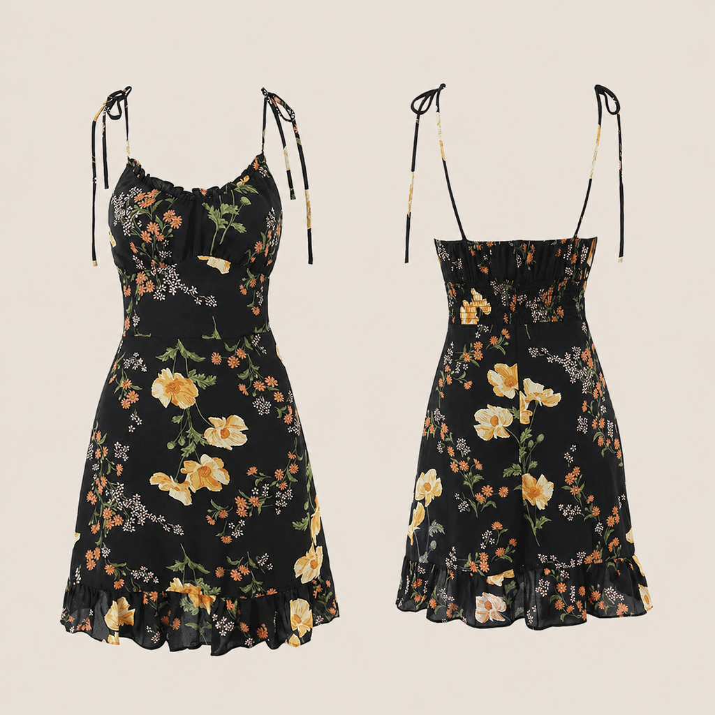 Two views of a black spaghetti-strap mini dress with a yellow and orange floral print, shown on a solid light beige background.