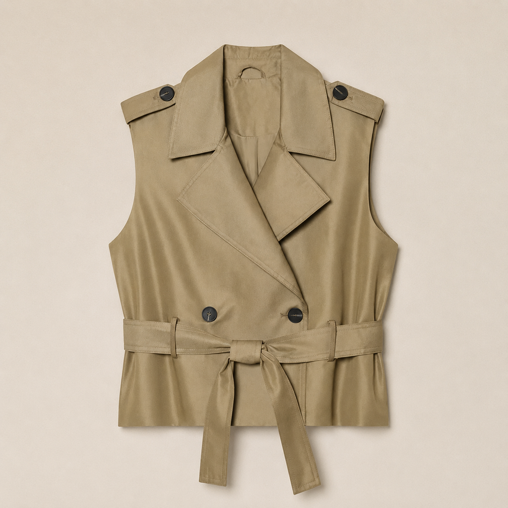 A sleeveless beige trench-style vest with a belted waist and flap collar, laid flat against a light beige background.