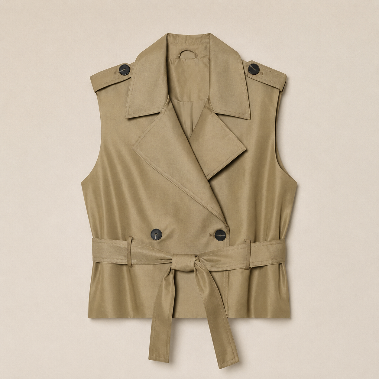 A sleeveless beige trench-style vest with a belted waist and flap collar, laid flat against a light beige background.