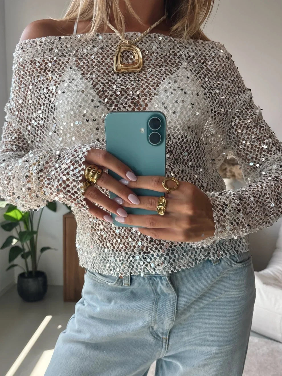 Nina Off Shoulder Sequin Mesh Top