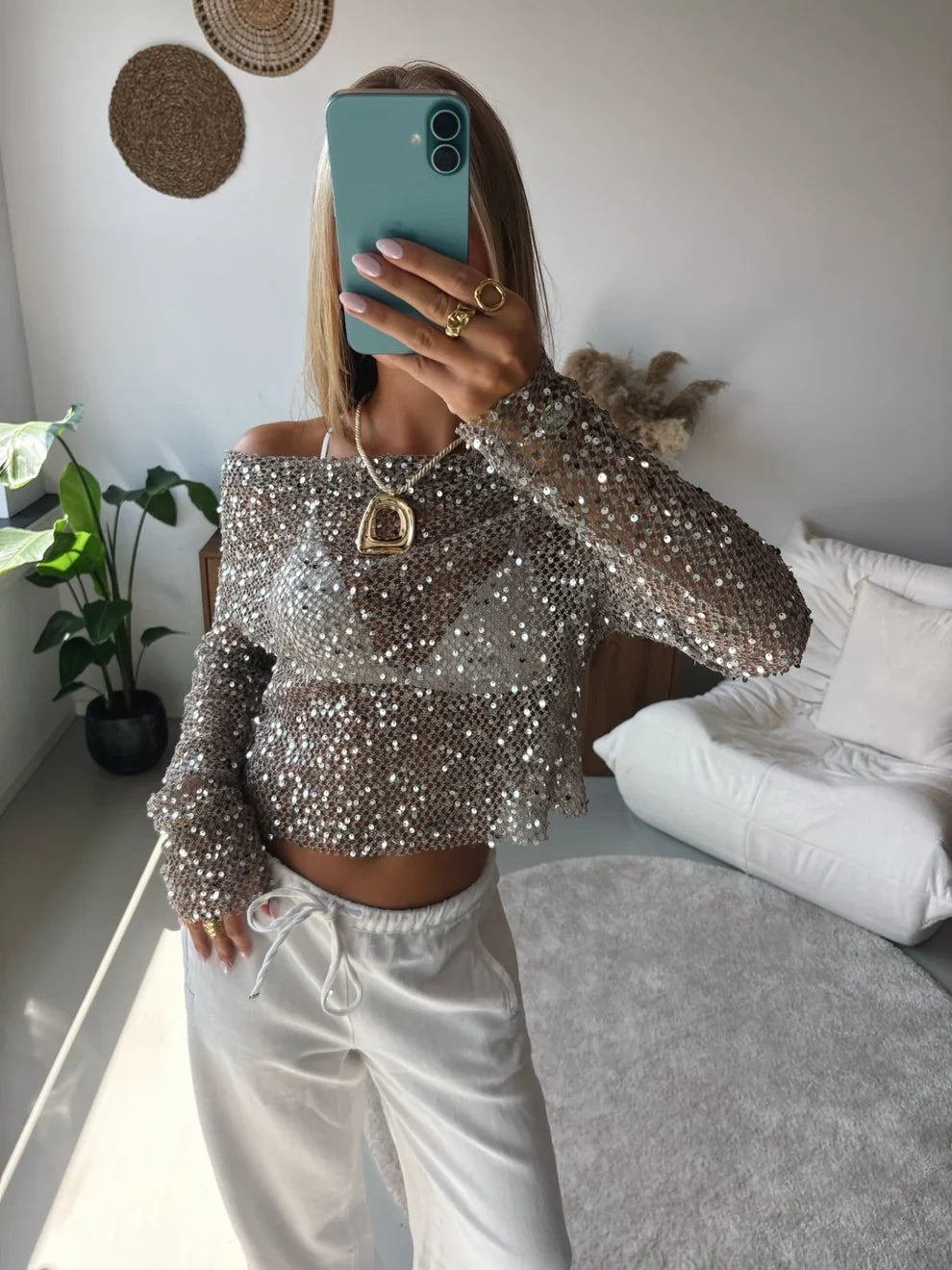 Eloise Off Shoulder Sequin Mesh Top