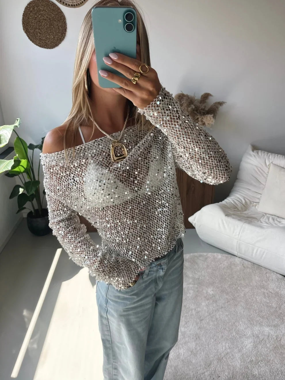 Nina Off Shoulder Sequin Mesh Top
