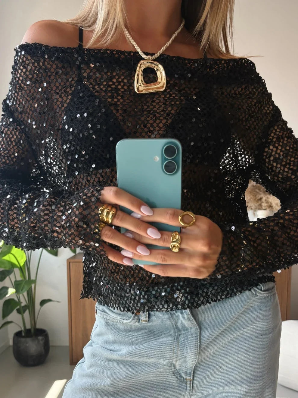 Nina Off Shoulder Sequin Mesh Top