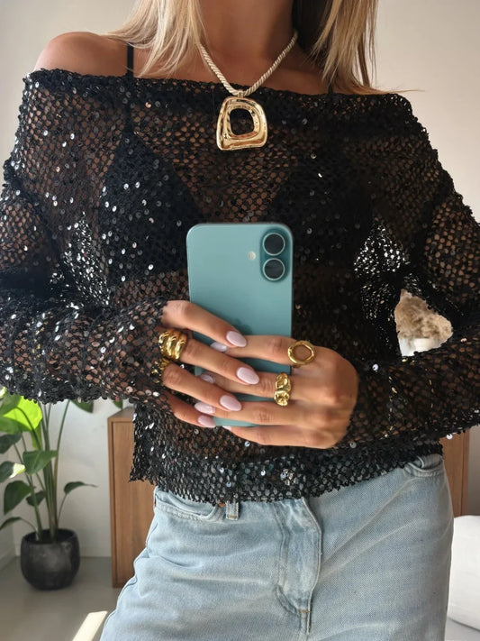 Eloise Off Shoulder Sequin Mesh Top