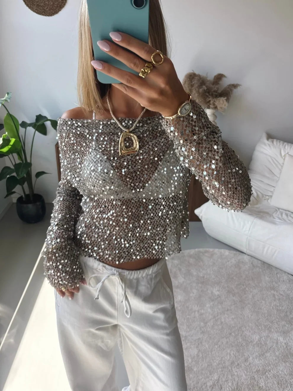 Eloise Off Shoulder Sequin Mesh Top