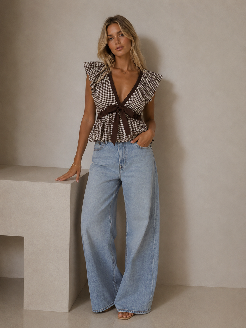 A woman models a sleeveless brown and beige houndstooth top with ruffled shoulders and a dark brown waist tie, paired with light-wash wide-leg jeans, standing in a minimalist studio setting.