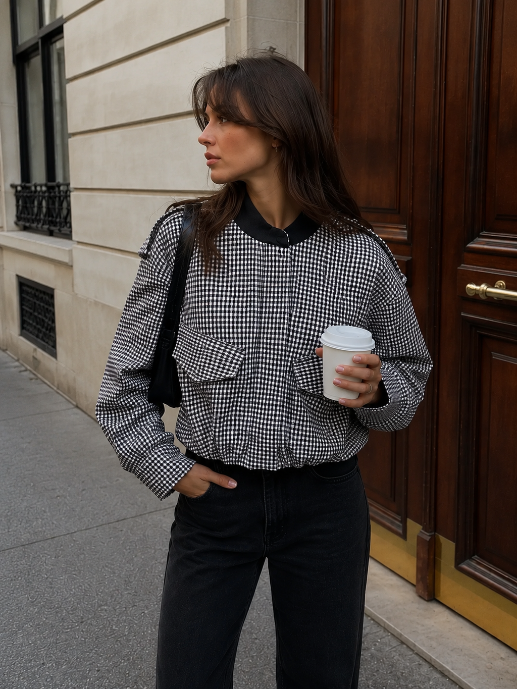 A woman stands on a city sidewalk wearing a black and white gingham cropped jacket with black trim, paired with black pants, holding a white takeaway coffee cup.