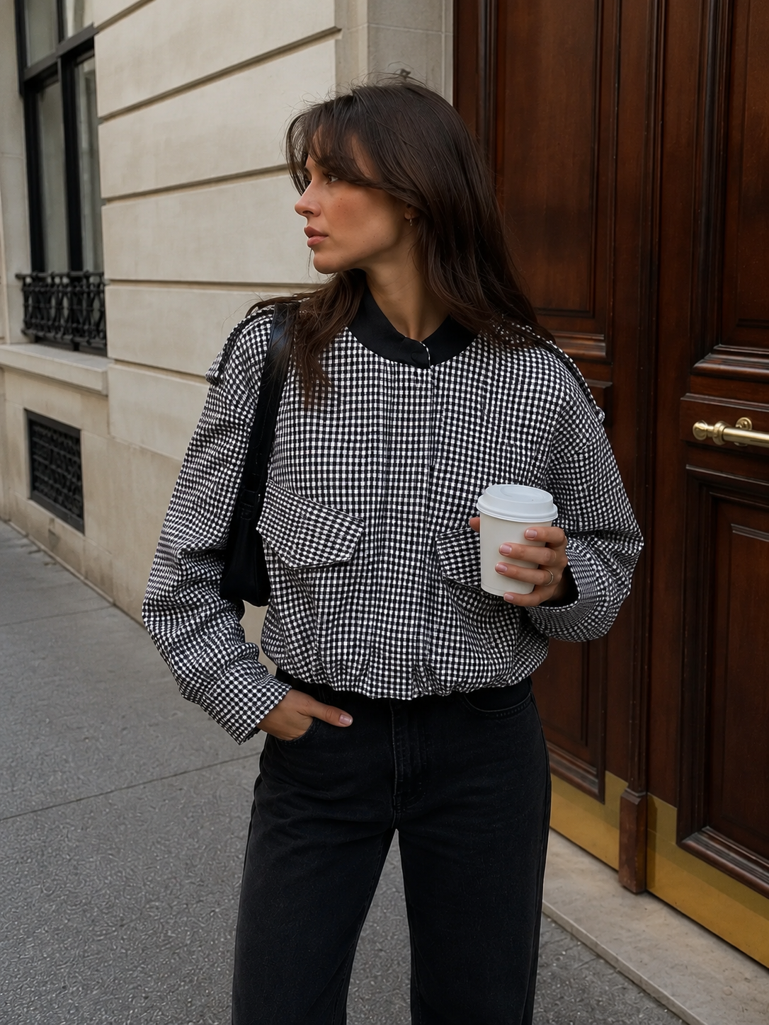 A woman stands on a city sidewalk wearing a black and white gingham cropped jacket with black trim, paired with black pants, holding a white takeaway coffee cup.