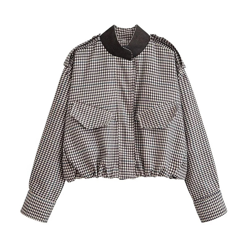 Black and white checkered shirt with a black collar on a white background