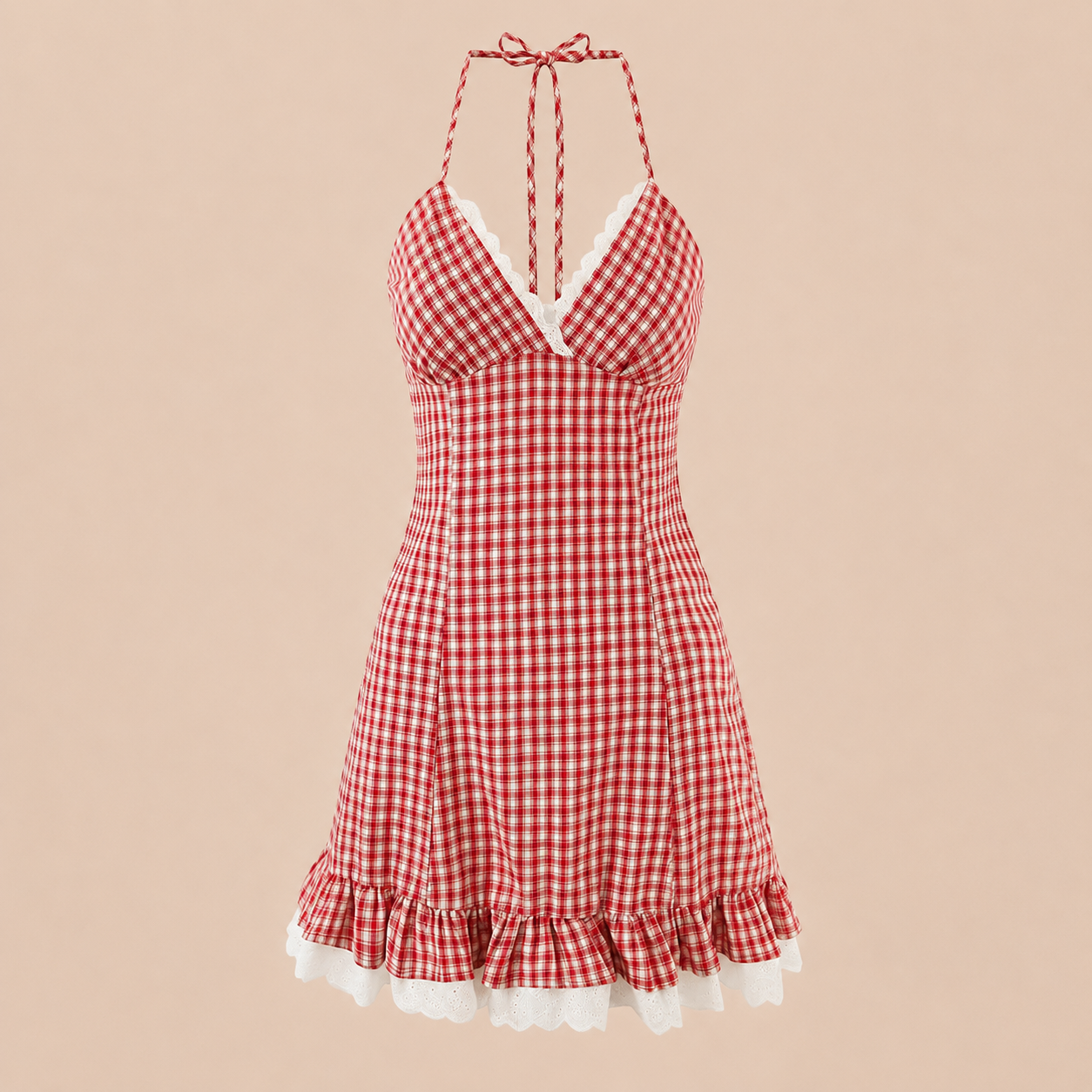 A red and white gingham halter mini dress with white lace trim, shown against a solid beige background.