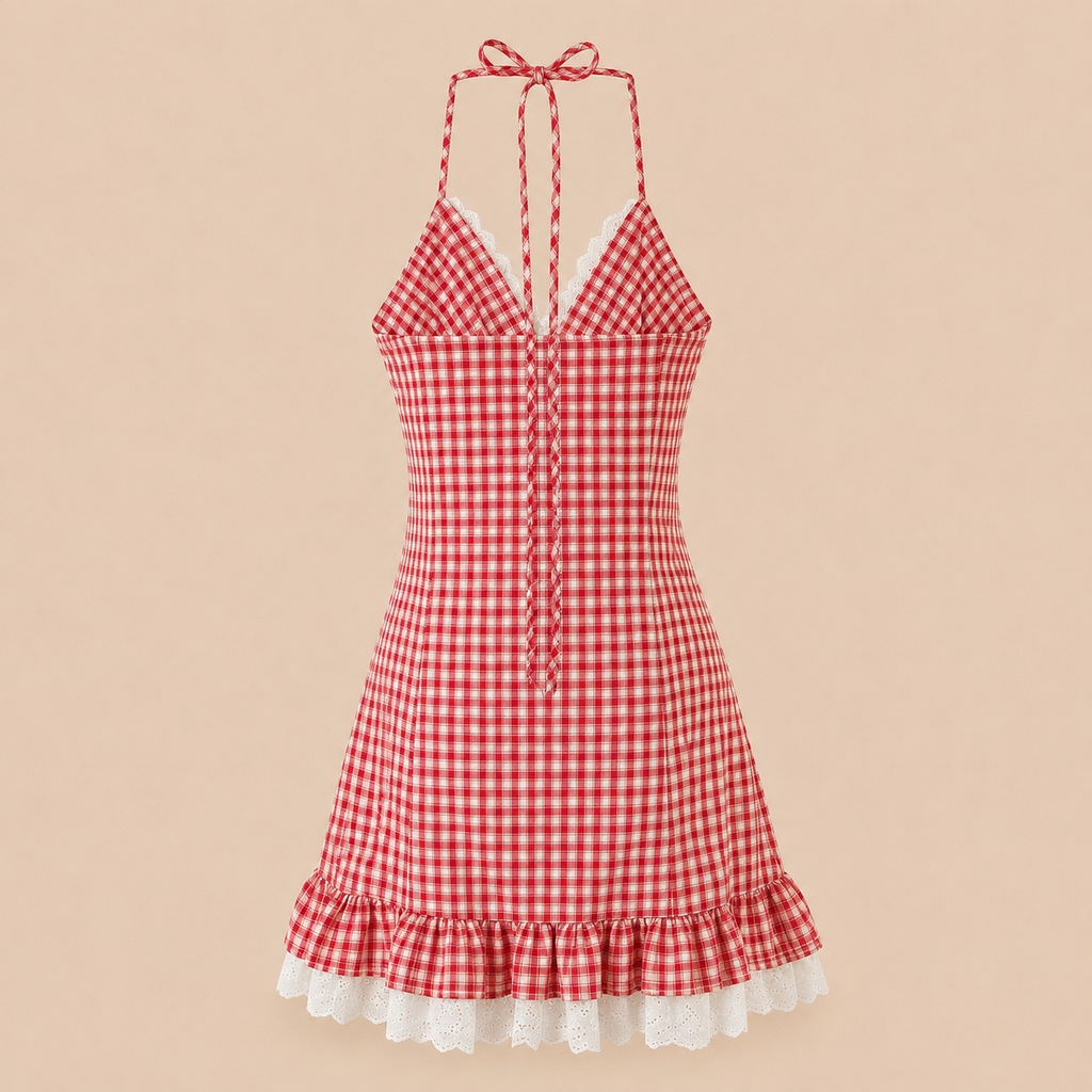 A red and white gingham halter dress with a ruffled hem and white lace trim, shown against a solid beige background.