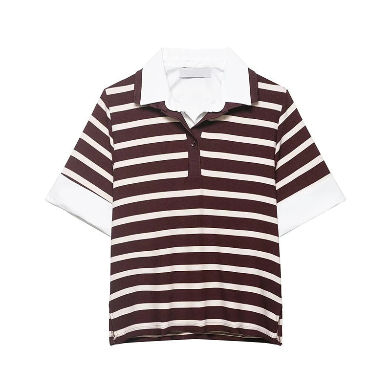 A short-sleeve polo shirt with horizontal dark brown and off-white stripes, featuring a solid white collar and white sleeve cuffs, displayed on a clean white background.