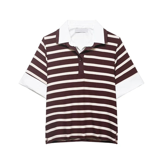 A short-sleeve polo shirt with horizontal dark brown and off-white stripes, featuring a solid white collar and white sleeve cuffs, displayed on a clean white background.